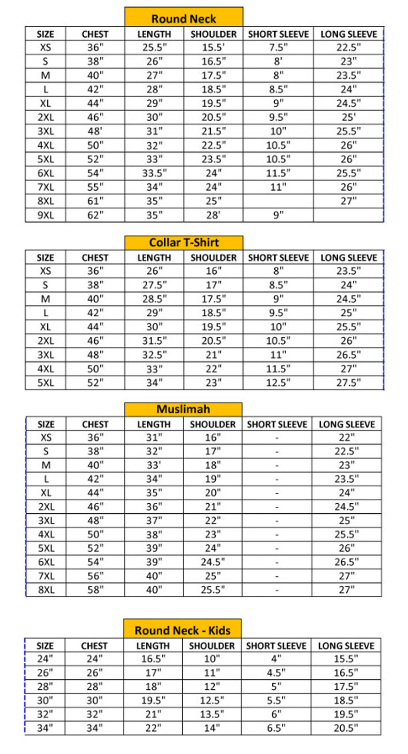 size baju sublimation